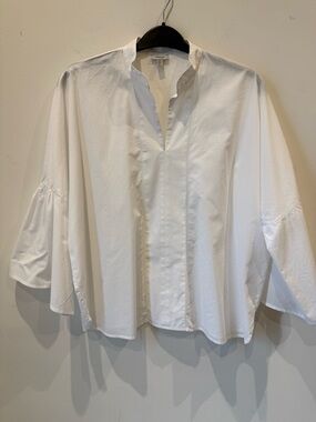 Tristan White V-Neck Oversized Cotton Blouse With Bell Sleeves